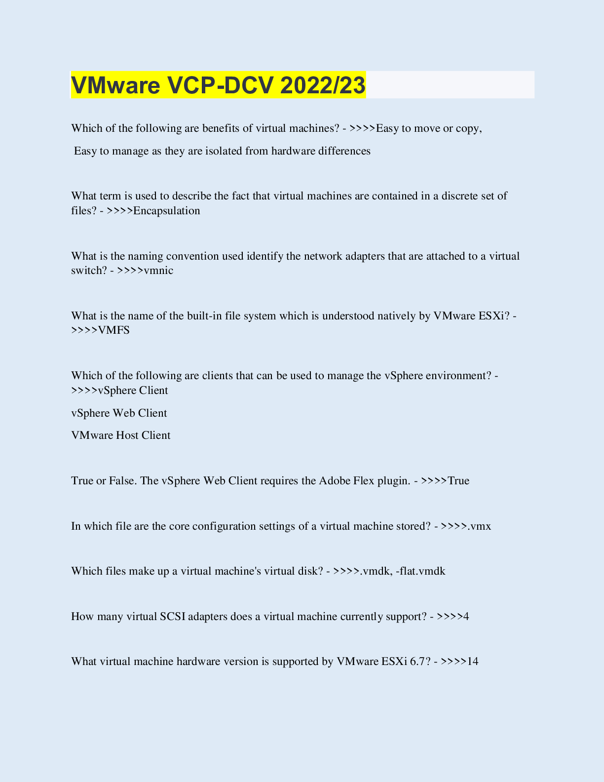 Preview image for VMware VCP-DCV 2022/23 | 80 Questions with 100% Correct Answers | Updated & Verified